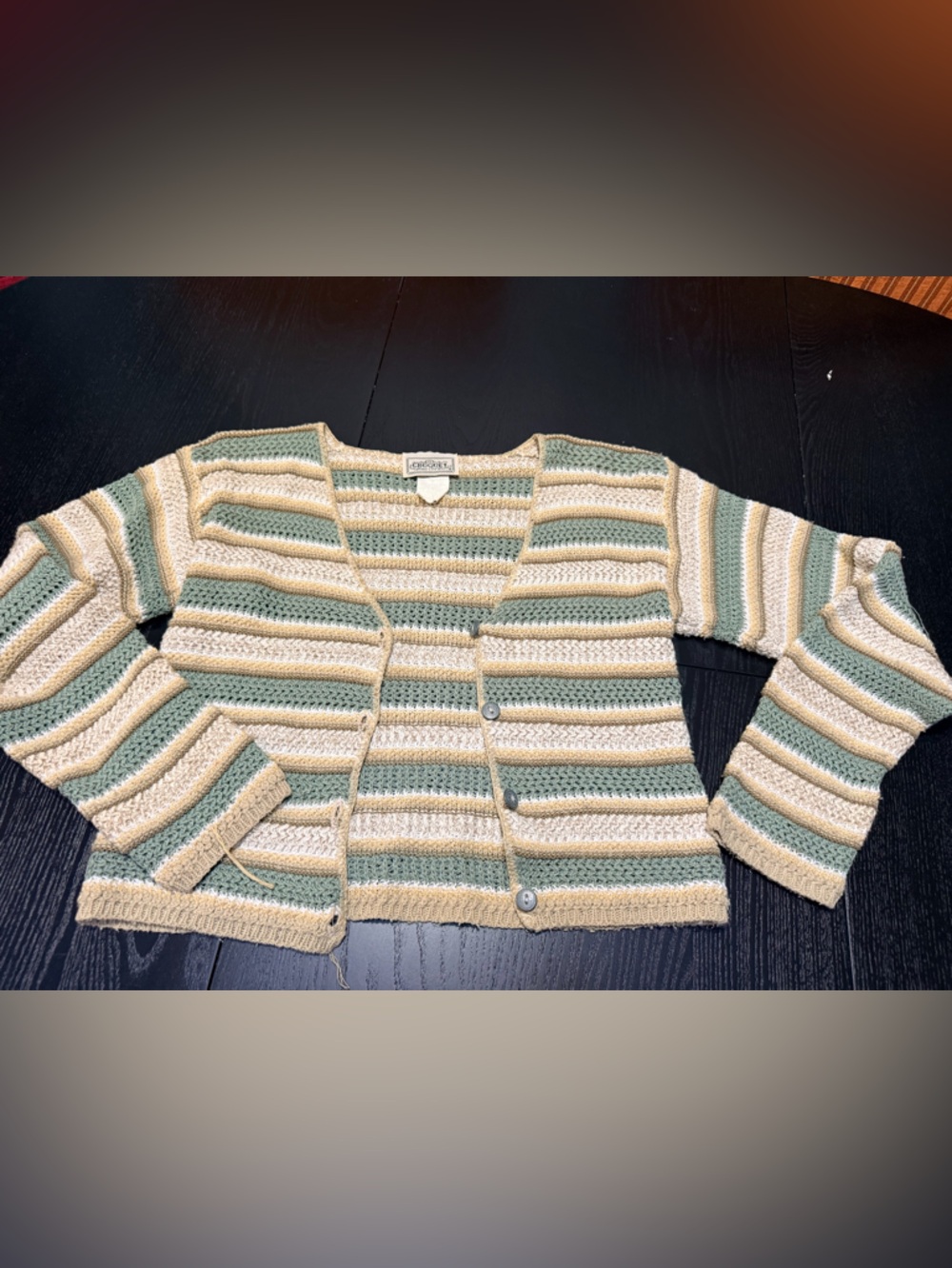 Vintage 90s Striped Knit Button-Front Cardigan - Cream & Sage